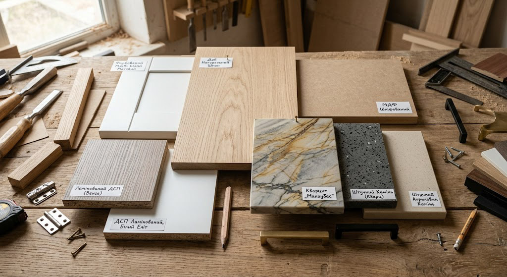 Матеріали: ДСП, МДФ, дерево, кварцит, штучний камінь